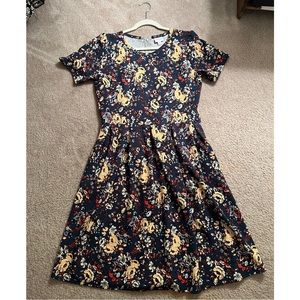 LulaRoe Dress Navy Blue with Yellow and Red Flowers | Plus Size